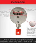 Heavy Duty Puck Lock in Stainless Steel for Padlock Replacement: Uncuttable, Multi-Use Security Lock with measurements and features