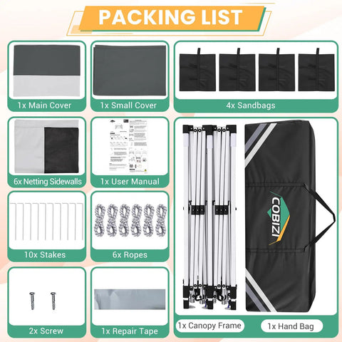 Packing list showing components of 10x20 Pop Up Gazebo With Mosquito Netting Sidewalls No Tools Needed One Push Easy Up Canopy