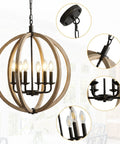 Six Light Orb Farmhouse Chandelier In Brown Wood Globe Handcrafted Solid Wood Light Fixture, close-up view of bulbs and chain