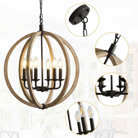 Six Light Orb Farmhouse Chandelier In Brown Wood Globe Handcrafted Solid Wood Light Fixture, close-up view of bulbs and chain