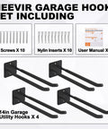 Image showing Extra Large 14 Inch Garage Hooks Set for Wall Mount Storage, Heavy Duty Tool Hangers, and installation accessories.