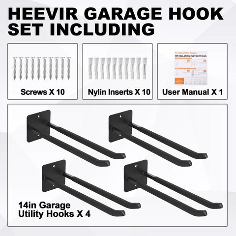 Image showing Extra Large 14 Inch Garage Hooks Set for Wall Mount Storage, Heavy Duty Tool Hangers, and installation accessories.