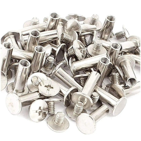Heavy Duty Chicago Screws Assortment Kit With 304 Stainless Steel Binding Posts and Book Fasteners for Rock Solid Leather Crafting showing assorted binding posts.