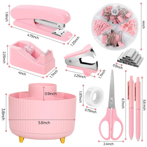 Pink Desk Accessories Set For Home Office 10 Piece Including 360 Degree Rotating Pen Holder Stapler Staple Remover Tape Dispenser