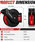 No More Snagging Lines, Retractable Air Compressor Hose Reel With Auto Rewind For 50 Foot 300 PSI Chores, displaying product dimensions and specifications.