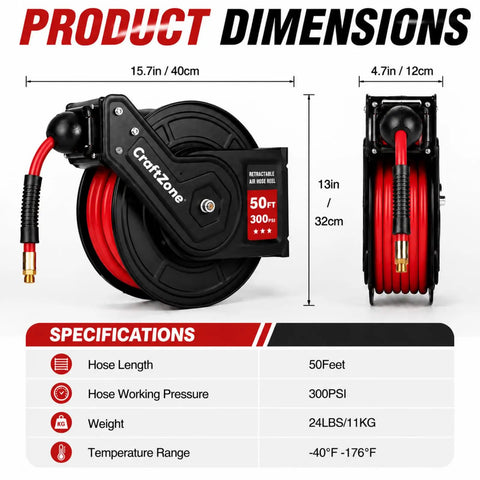 No More Snagging Lines, Retractable Air Compressor Hose Reel With Auto Rewind For 50 Foot 300 PSI Chores, displaying product dimensions and specifications.