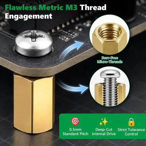 696 Piece M3 Motherboard Standoffs And Spacers Kit With Brass Standoffs And Nylon Spacers For Pro Grade Rigidity And Electrical Insulation Plus Hex Screws And Nuts Set, brass M3 standoff close-up