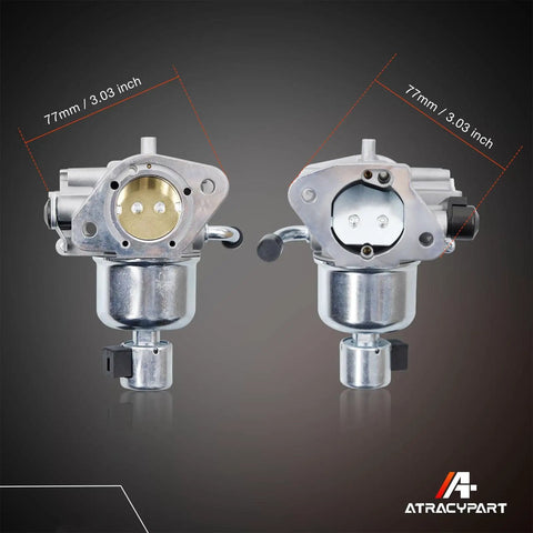 Front and rear views of KT735 KT740 Carburetor Kit for 7000 Series Engines 22HP Through 26HP Drop In OEM Replacement with measurements