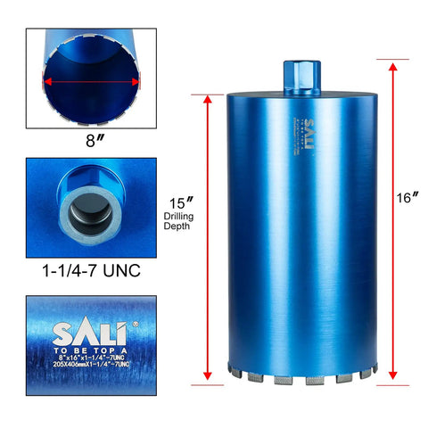 Heavy Duty Wet Diamond Core Drill Bit 8 Inch Diameter With 15 Inch Drilling Depth And One And A Quarter To Seven Inch Thread