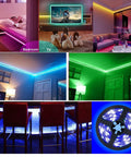 Battery Powered RGB LED Strip Lights 6M 20Ft With 180 5050 LEDs in various room settings with color changing effects.
