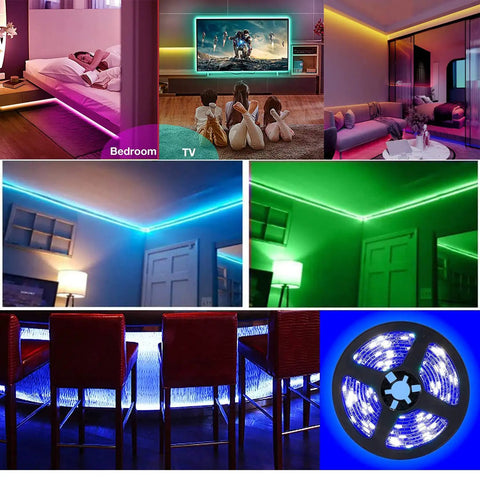 Battery Powered RGB LED Strip Lights 6M 20Ft With 180 5050 LEDs in various room settings with color changing effects.
