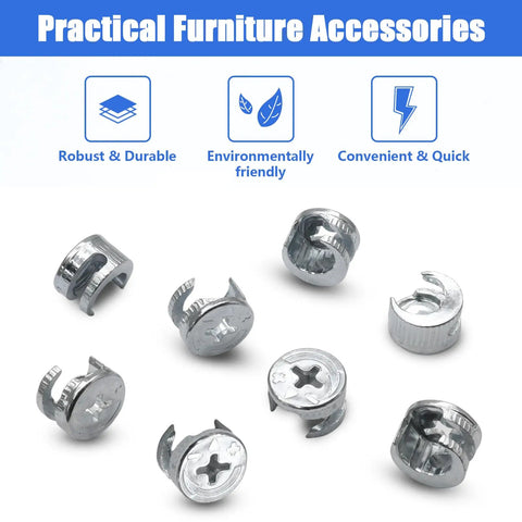 Built Tough 20 Pack 15X9.5MM Cam Lock Nuts For Furniture Fixes And Cabinet Assemblies Carbon Steel Nickel Plated close-up view