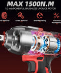 Cordless 1/2 Inch Impact Wrench With 1500 Nm High Torque, Brushless Motor, internal motor view, tool uses displayed