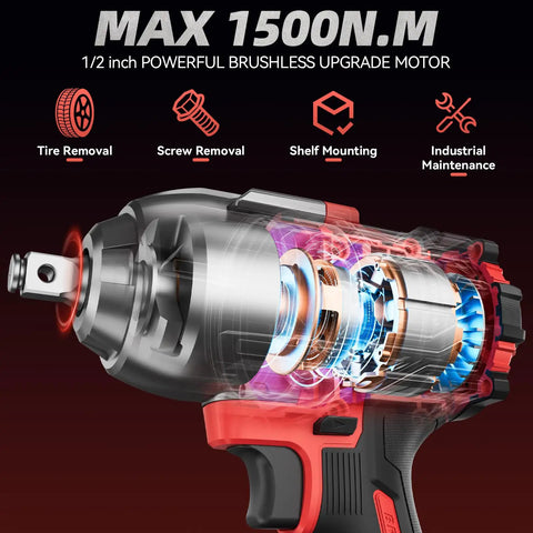 Cordless 1/2 Inch Impact Wrench With 1500 Nm High Torque, Brushless Motor, internal motor view, tool uses displayed