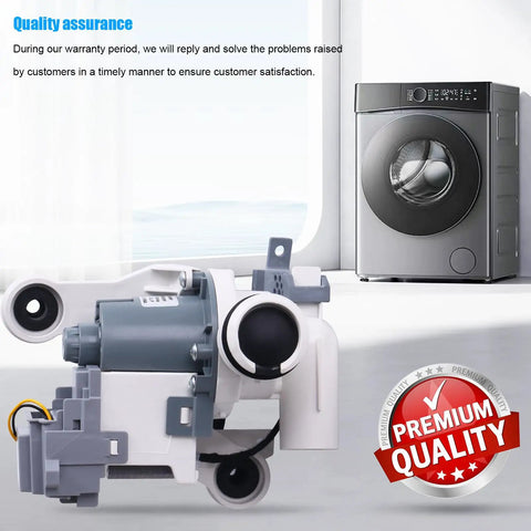 Premium Washer Drain Pump Assembly Plug And Play Replacement Motor close-up view, designed for Samsung washers with direct bolt install.