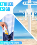 Detailed features of Eight By Eight Foot Beach Cabana Tent With Sun Shield UPF 50 Plus, showing cup holder and pocket with sunscreen.