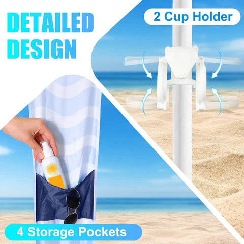 Detailed features of Eight By Eight Foot Beach Cabana Tent With Sun Shield UPF 50 Plus, showing cup holder and pocket with sunscreen.