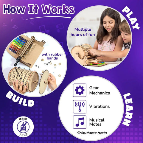 DIY Music Machine Kit For Kids Ages 8 To 14 A Fun Kid Approved Hands On Build It Yourself Musical Toy That Plays Melodies Includes Step By Step Guide Easy To Assemble And Great For Boys And Girls For Hours Of Creative Play. Wooden xylophone kit with gears and kids building a music machine