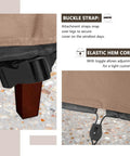 Close-up of waterproof patio chaise lounge chair cover showing buckle strap and elastic hem cord for secure fit.