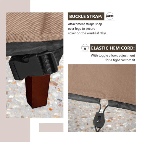 Close-up of buckle strap and elastic hem cord on Square 44 Inch Patio Fire Pit Table Cover Waterproof Outdoor Shield Keeps Rain Snow Leaves And Bird Droppings Out With Beefy 600D Polyester And Breathable Vents For Easy Airflow And Long Lasting Protection.