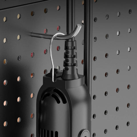Hanging compact black Multi-Purpose Electric Die Grinder Kit with 6 Variable Speeds on pegboard for storage