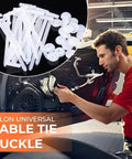 Mechanic using 50 Pack Nylon Self Locking Cable Tie Buckles Heavy Duty Universal Car Repair Clips for bumpers and panels