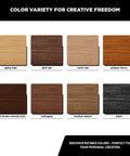 Color variety swatches including dark brown colonial style and other wood stains for furniture crafting.