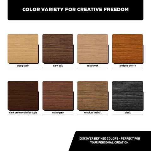 Color variety swatches including dark brown colonial style and other wood stains for furniture crafting.