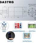 Schematic of 12V DC high torque gear motor with applications in robotics, smart home, amusement equipment, and vending machines