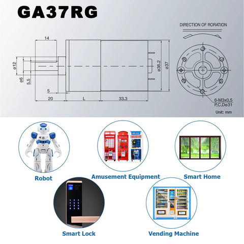 Schematic of 12V DC high torque gear motor with applications in robotics, smart home, amusement equipment, and vending machines