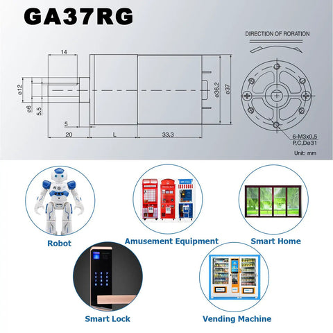 Illustration showing applications and dimensions of 12V High Torque Gear Motor With 550 RPM Micro Speed Reduction Geared Motor