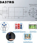Diagram of 24V Beefy High Torque DC Gear Motor With All Metal Gears And Copper Rotor, shown with applications like robots and vending machines.