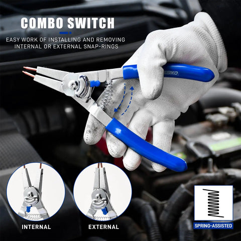 8 Inch Snap Ring Pliers Kit With Interchangeable Tips For Internal And External Rings used in auto repair with gloves