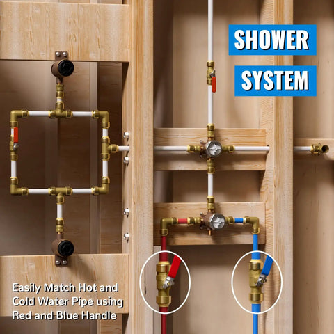 One Half Inch Push To Connect Shut Off Ball Valve Pack Of 12 No Lead Brass Fittings For PEX Copper And CPVC with red and blue handles installed in shower system