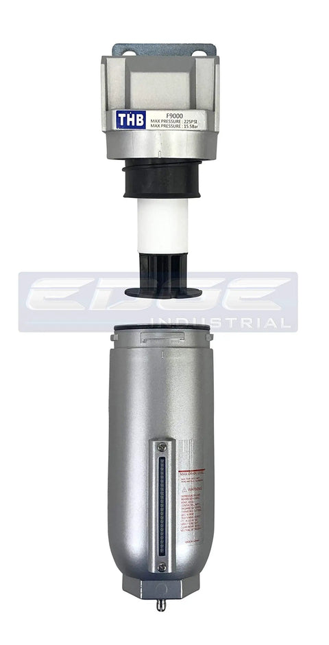 Heavy Duty Built Tough Particulate Filter And In Line Water Trap For Compressed Air Lines showing metal bowl and drain valve.