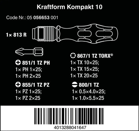 Kraftform Kompakt 10 Piece Screwdriver Set With Rapidaptor Bit Holder, 9 Bits And Flip Up Case technical specifications chart