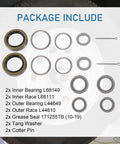 Heavy Duty Axle Bearing Kit For 3500 Lb EZ Lube Spindle 84 Includes Inner Bearings L68149 L68111 Outer Bearings L44649 L44610 Grease Seals 171255TB 10-19 Races Tang Washers And Cotter Pins Set Of 2 package contents displayed