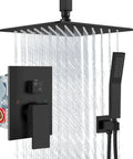 Ceiling Mount Shower System With Rain Shower Head And Handheld Spray For A Luxe Spa Like Experience in Matte Black with water flow