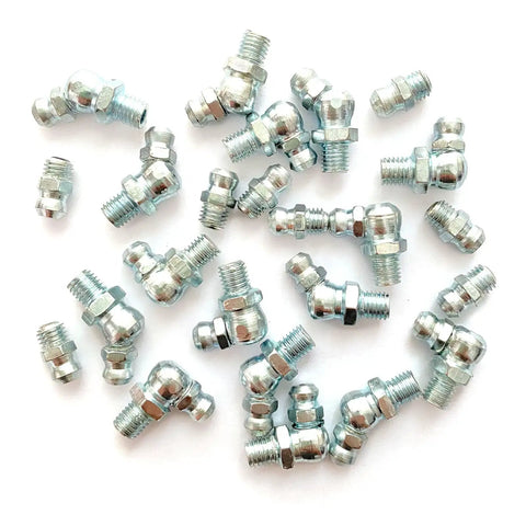 Pro Grade Quarter Inch 28 Thread Grease Fitting Assortment Kit With Straight 45 Degree And 90 Degree Zerk Fittings, Galvanized Steel