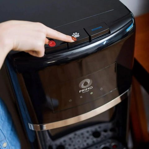 Person using top button on Top Loading Water Dispenser With Hot And Cold Water, 5 Gallon Bottle Compatible, Pet Drinking Station