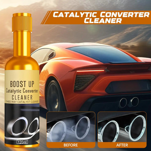 3 Pack Catalytic Converter Cleaner Kit For Gas And Diesel Cars, 120 ml Each, image of bottle and car exhaust before and after