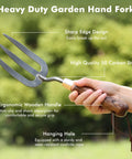 Hand holding Beefy Heavy Duty Garden Hand Fork For Planting Weeding Transplanting And Soil Cultivation Thickened Sturdy Tines