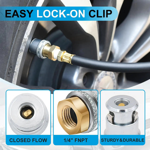 Locking One Quarter Inch FNPT Closed Flow Brass Tire Air Chuck Twin Pack With Quick Connect for inflator gauge and compressors