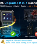OBD2 Scanner With Battery Tester For Cars And Trucks Check Engine Light Diagnostics And Emissions Readiness Plug And Play Car Code Reader Real Time Data Battery Health Monitor Works With All OBD II Vehicles, showing upgraded 2025 2-in-1 scanner with diagnostic screen and battery tester cables.