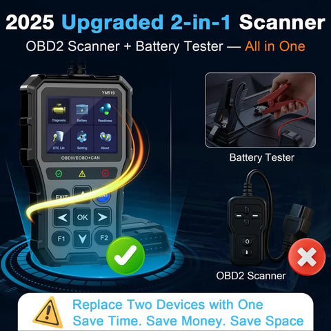 OBD2 Scanner With Battery Tester For Cars And Trucks Check Engine Light Diagnostics And Emissions Readiness Plug And Play Car Code Reader Real Time Data Battery Health Monitor Works With All OBD II Vehicles, showing upgraded 2025 2-in-1 scanner with diagnostic screen and battery tester cables.