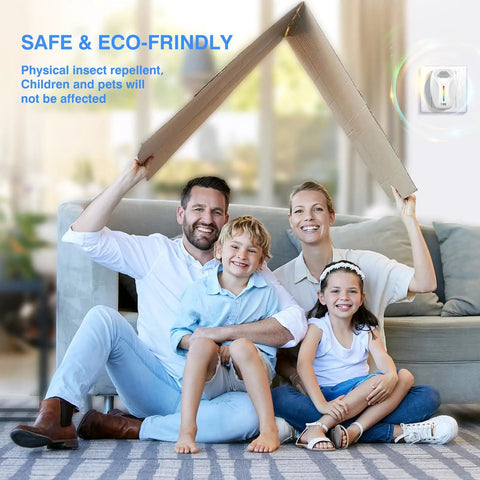 Family in living room with Premium Ultrasonic Indoor Pest Repeller With 3 Mode Switch 6 Pack Bug Busting Deterrent on wall
