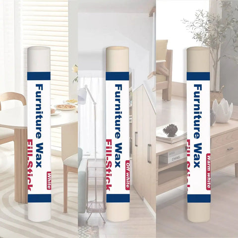 Premium Wood Filler Sticks, White Wax Repair Paste For No Sweat Scratch Fixes On Furniture And Hardwood Floors, showing three colors of wax sticks.