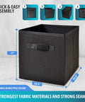 Durable Fabric 11 Inch Cube Storage Bins 8 Pack With Handles Foldable Cubby Organizer for closet shelves, black bin close-up.