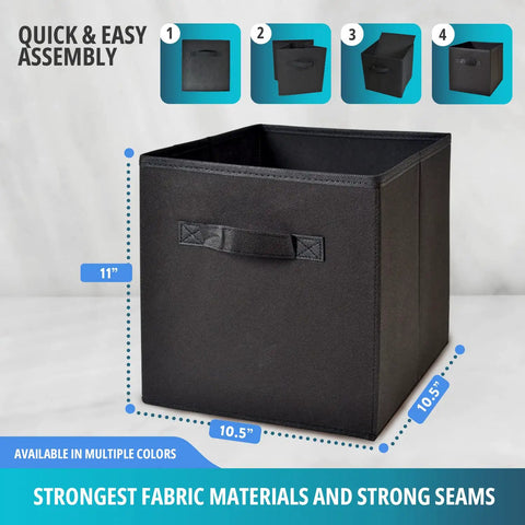 Durable Fabric 11 Inch Cube Storage Bins 8 Pack With Handles Foldable Cubby Organizer for closet shelves, black bin close-up.
