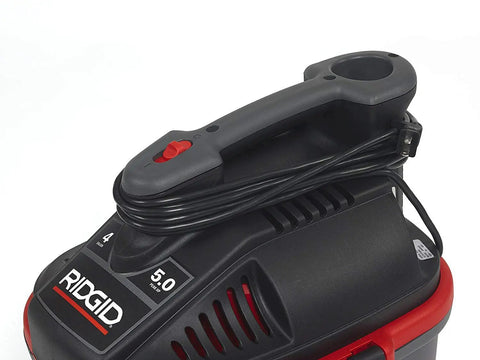 Close-up of 4-Gallon Portable Wet And Dry Vacuum Cleaner with a 5.0 Peak HP Motor showing handle and cord, red finish